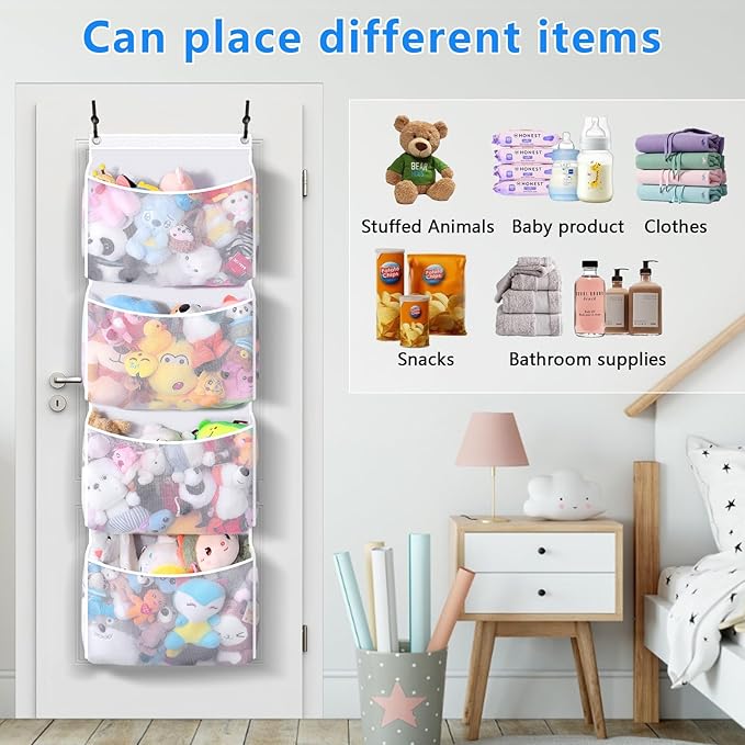 Toread Over the Door Stuffed Animal Organizer (2-pack) Innovative patented design Adjustable hooks, 3D over door stuffed animal storage, 50% more capacity, ideal for plush organizers.