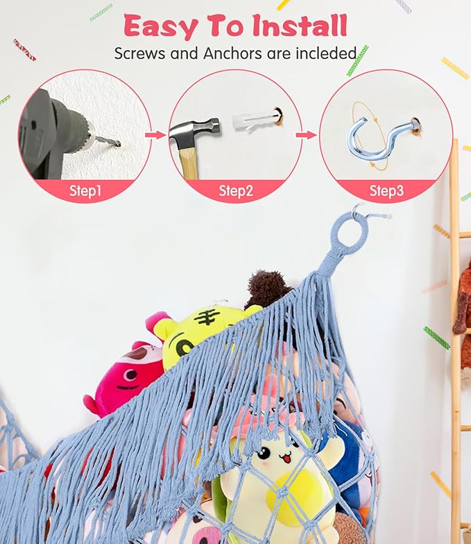Stuffed Animal Hammock - Extra Large 56'' Long, Stuffed Animal Storage, stuffed animal Holder net, Hammock Large, Storage Hanging Organizer - Light blue