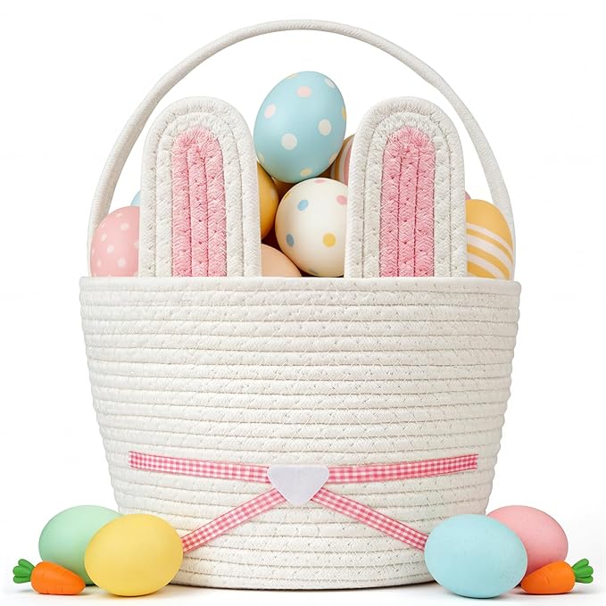 Easter Basket, Easter Bunny Basket with Removable Ears Woven Easter Egg Hunt Basket First Easter Gift Baskets Empty Easter Baskets Essentials Easter Bucket for Girls Boys Teens (Pink White)