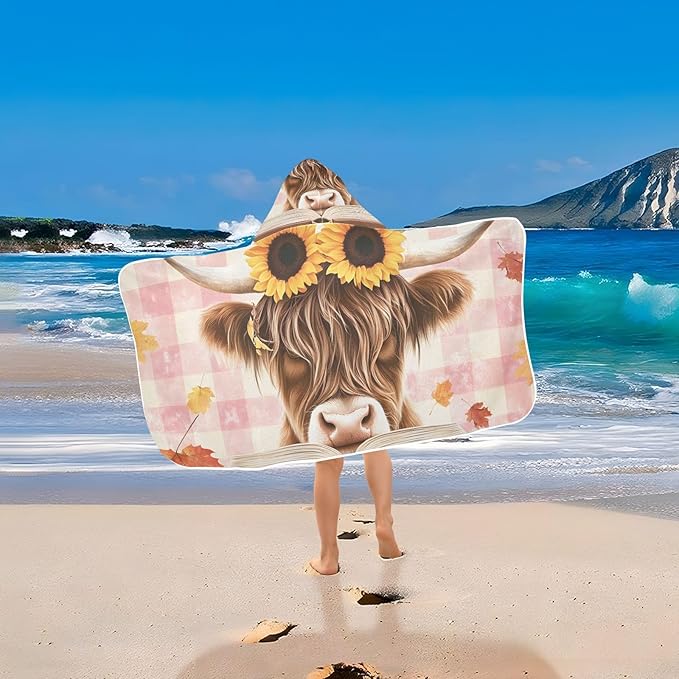 A Highland Cow with Sunflowers Hooded Beach Towel for Kids, Kids Bath Hooded Towels for Boys Girls, Super Soft Absorbent Bathrobe with Hood for Swin Pool 50"x23.5"