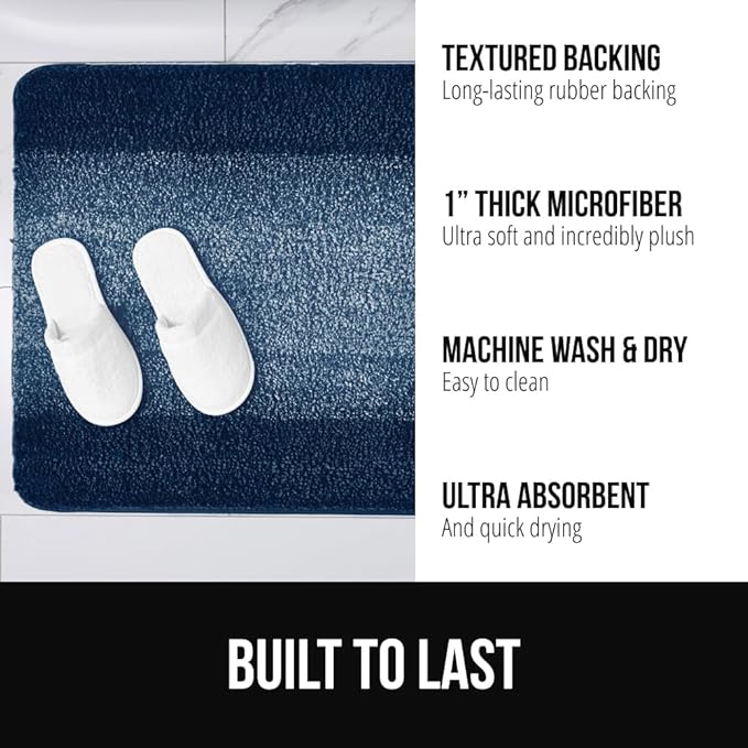 GORILLA GRIP Soft Plush Bathroom Rugs with Textured Rubber Backing, Absorbent Quick Dry Bath Mat, Machine Washable Shower Mats, Home Décor Accessories, Bathmat Rug Floor Essentials, 30 x 18 Navy