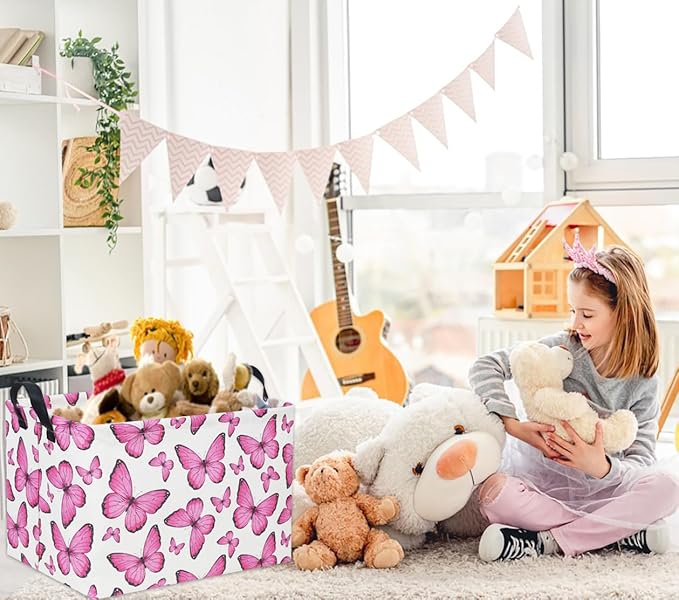 HIYAGON Rectangular Butterfly Pink Kids Storage Basket - Baby Girl Basket Toy Storage Bin Organizer Box Rainbow Room Decor
