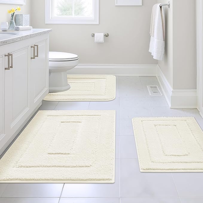 GRANNY SAYS Bathroom Rugs Sets 3 Piece, Soft Absorbent Microfiber Bath Mats for Bathroom Non Slip Washable, U-Shaped Toilet Bath Rugs for Tub Shower (Cream, 16" x 24" + 20" x 32" + U Shaped 20" x 24")