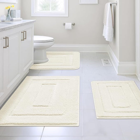 GRANNY SAYS Bathroom Rugs Sets 3 Piece, Soft Absorbent Microfiber Bath Mats for Bathroom Non Slip Washable, U-Shaped Toilet Bath Rugs for Tub Shower (Cream, 16" x 24" + 20" x 32" + U Shaped 20" x 24")