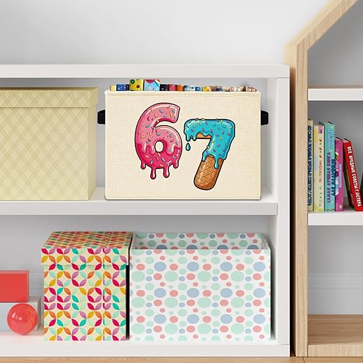 Pink and Blue Funny 6 7 Meme Storage Bins Box with Handles, Donut Ice Cream Number Six Seven Laundry Basket Hamper Collapsible Clothes Toys Organizer for Kids Boys Girls Room Nursery