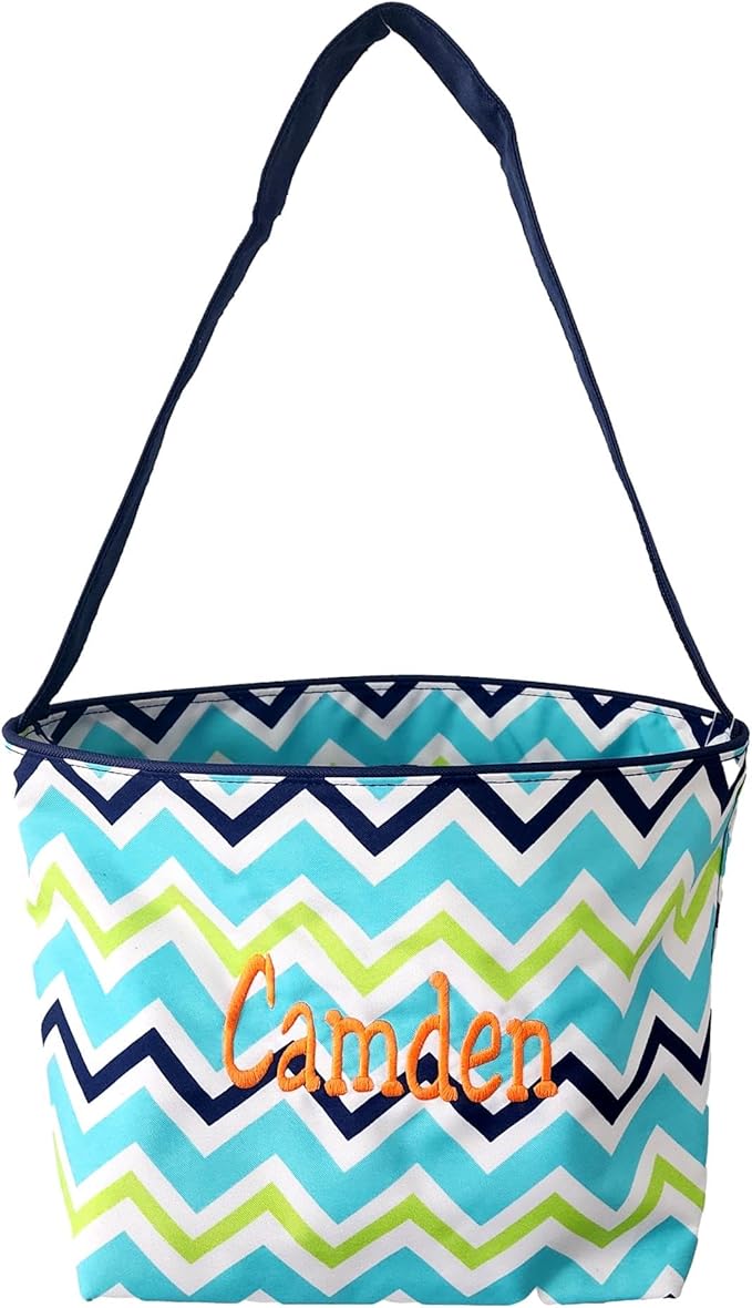 Personalized with Name Blue ZIg Zag Chevron Material Easter Basket Bucket for Egg Hunting