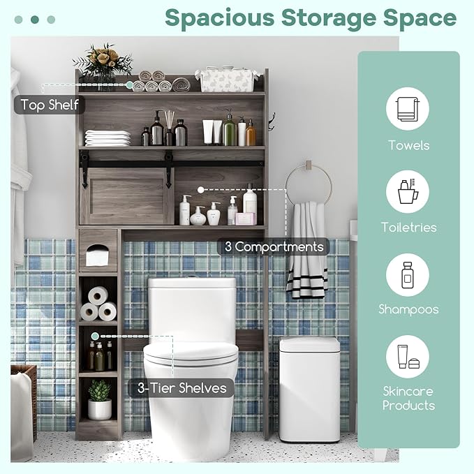 Tangkula Over The Toilet Storage Cabinet, Farmhouse Freestanding Above Toilet Rack w/Sliding Barn Door, Adjustable Shelves, Toilet Paper Holder, 2 Hooks, Bathroom Space Saver (Retro, Grey)