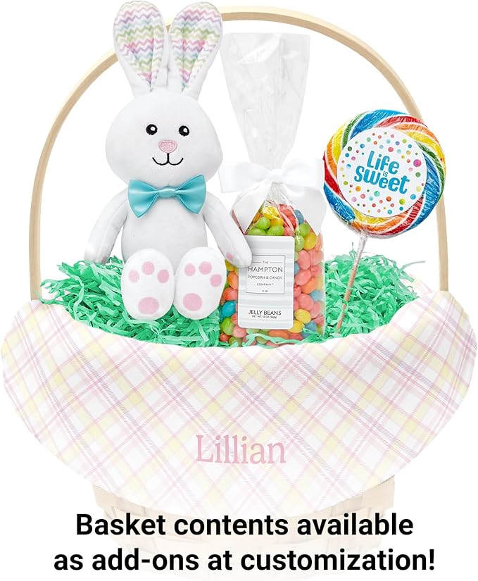 Let's Make Memories Personalized Easter Basket for Kids- For Boys - For Girls - Create Your Own - Fillable - Wicker - Easter Basket Stuffers - Small - Pink Fun Plaid