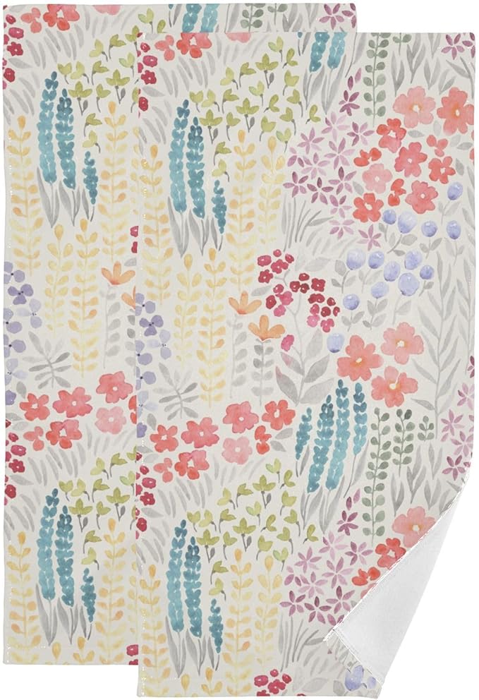 2 Pcs Spring Summer Flower Decorative Hand Towels for Bathroom,Soft Absorbent Watercolor Meadow Floral Bohemian Dish Towels for Kitchen,Quick Dry Guest Bathroom Towels for Face,Shower 14"x28"