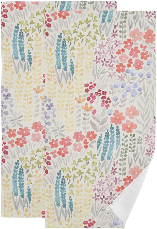 2 Pcs Spring Summer Flower Decorative Hand Towels for Bathroom,Soft Absorbent Watercolor Meadow Floral Bohemian Dish Towels for Kitchen,Quick Dry Guest Bathroom Towels for Face,Shower 14"x28"