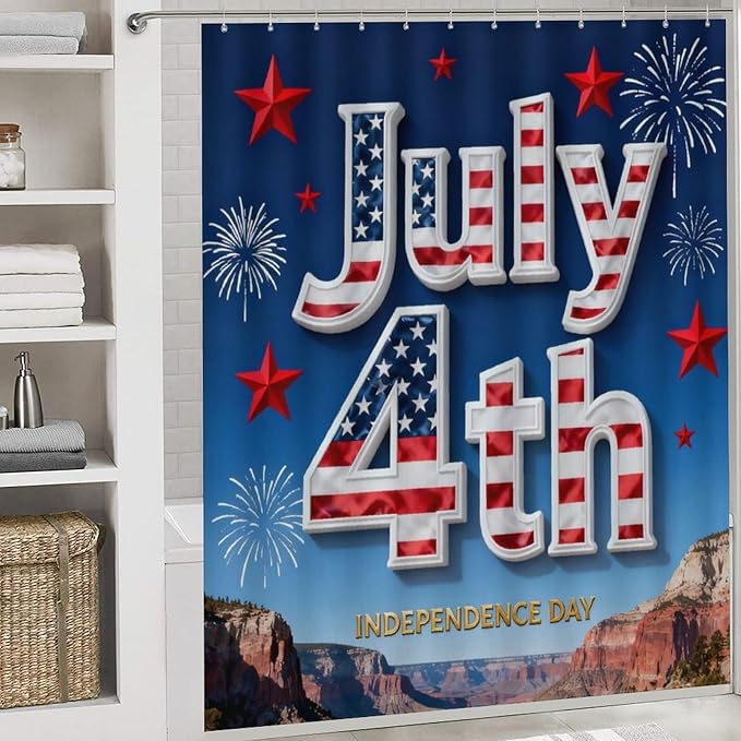 4 Piece Bathroom Rug Set with Shower Curtain, Non-Slip Bath Mat Toilet Cover Set, Independence Day Bathroom Rug Sets