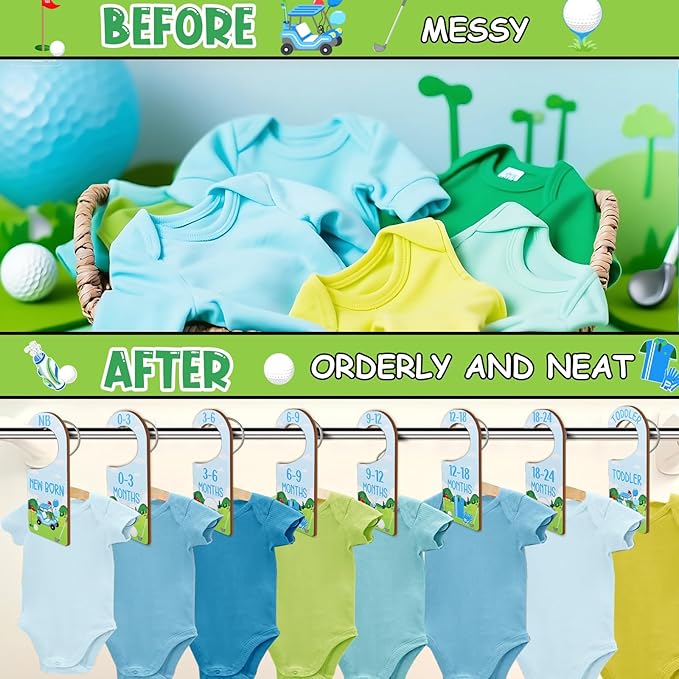 Baby Closet Dividers 8PCS, Golf Themed Wooden Double-Sided Clothes Size Hanger Organizer from Newborn to Toddler for Nursery Decor Baby Shower Birthday Gift Blue & Green