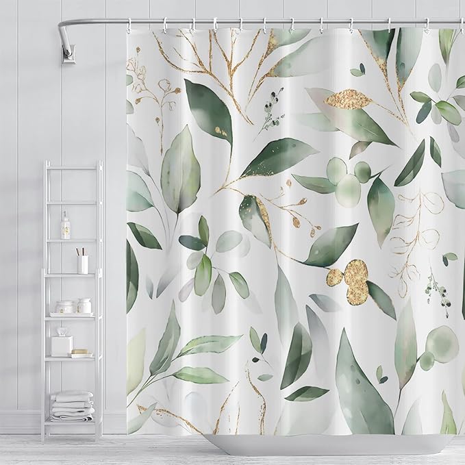 Abstract Eucalyptus Leaves Shower Curtains Sage Green Gold Branches Leaf Nature for Bathroom Farmhouse Style Home Decor Waterproof Polyester Fabric Shower Curtain with Hooks, 72x84 Inch