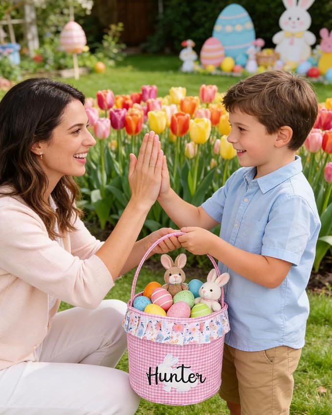 Personalized Easter Floral Bunny Basket for Kids, Custom Cute Rabbit Basket w/Embroidered Name, Customized Egg Hunt Storage Bags with Handles, First Easter Gifts for Newborn Baby Toddler Boy Girls