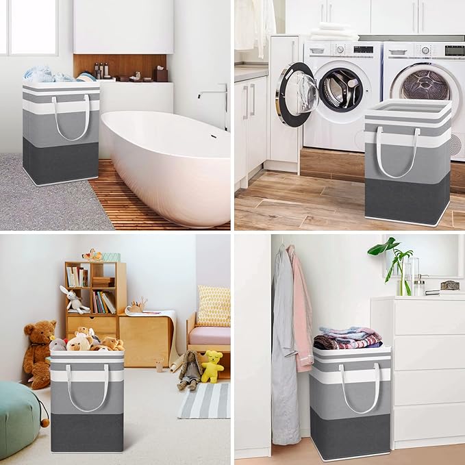 HomeHacks 2 Pack Large Laundry Baskets, Waterproof, Freestanding Laundry Hampers, Collapsible Clothes Hamper with Reinforced Handles in Laundry Room, College Dorm, Bathroom, Bedroom (Grey, 75Lx2)
