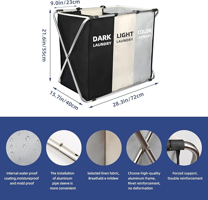 Laundry Cloth Hamper Sorter Basket Bin Foldable 3 Sections with stainless steel Frame Washing Storage Dirty Clothes Bag for Bathroom Bedroom Home Storage Basket(3 Liner, White+grey+black)