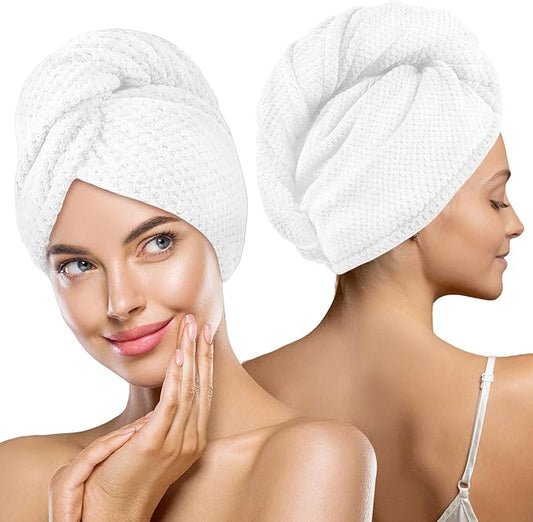 2 Pack Microfiber Hair Towel Wrap for Women, Hair Drying Towel with Button, Towel Turban,Head Towel to Dry Hair Quickly Lint Free, White