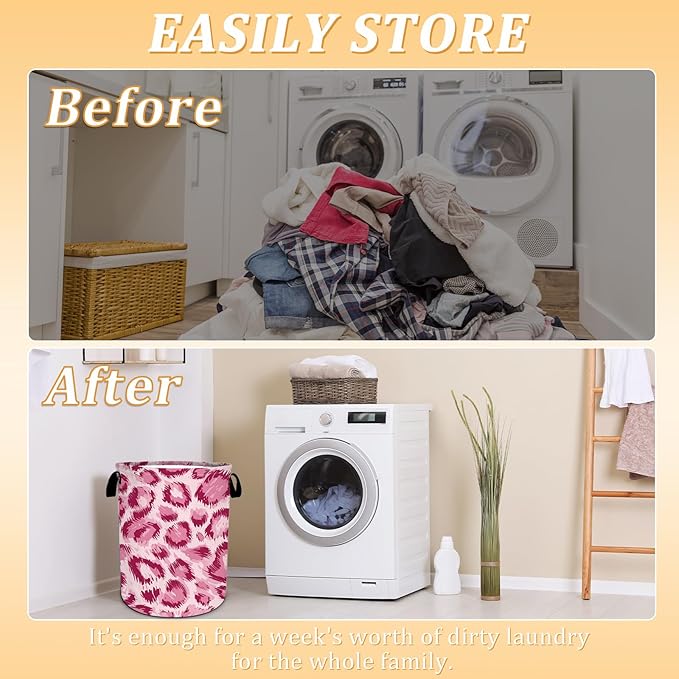 Pink Leopard Print Laundry Basket, Animal Skin Laundry Hamper Foldable Waterproof Oxford Cloth Funny Tote Bag Dirty Clothes Storage Bucket Toy Organizer for Bathroom/Laundry/Bedroom 15.7"x19.6"