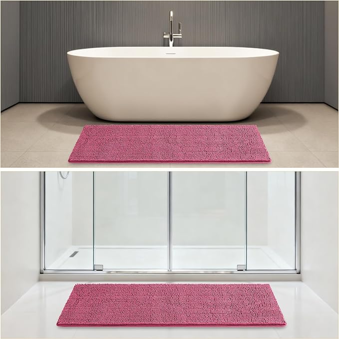 Hot Pink Bathroom Rugs 24"x60" - Long Plush Chenille Non-Slip Runner Bath Mat - Absorbent, Washable, Soft Decor for Shower, Sink, Tub, Floor, Home Accessories