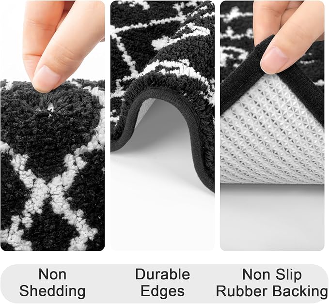 HEBE Bathroom Rugs Sets 5 Piece, Soft Absorbent Microfiber Bath Mat for Bathroom, Non Slip Washable Bath Rug Set with Toilet Cover, Bath Runner and U-Shaped Contour Toilet Rug, Black