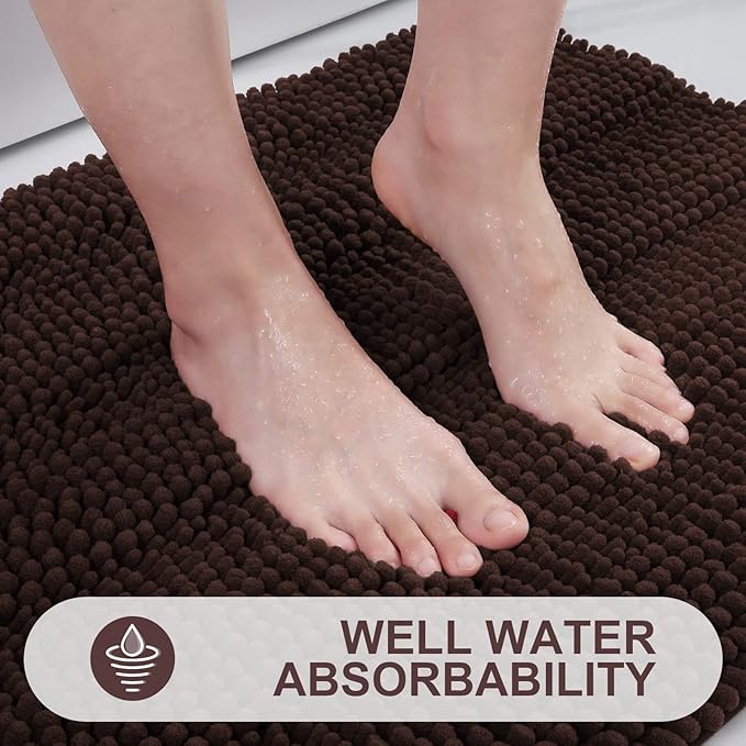 Grandaily Chenille Striped Bathroom Rugs 40x32, Extra Thick and Absorbent Bath Mats, Non-Slip Soft Plush Shaggy Shower Carpet, Machine Wash Dry, Bath Rug for Bathroom, Brown