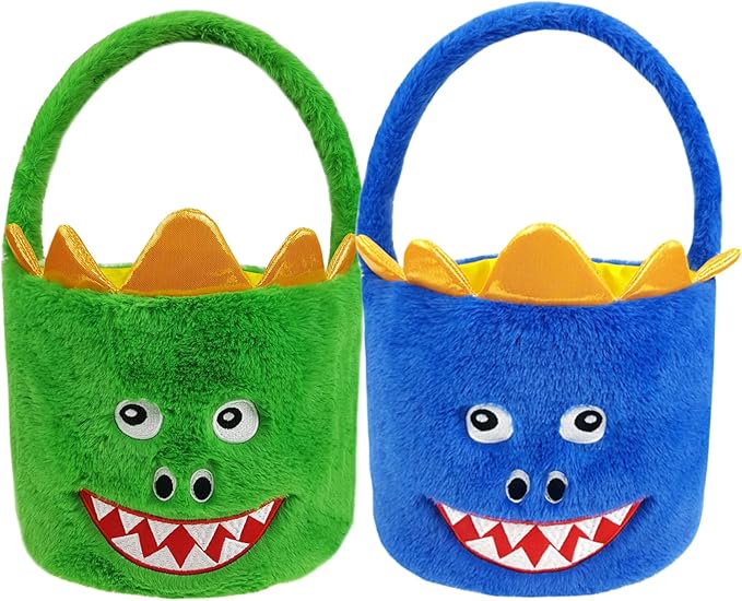 DearSun 2 Pcs Easter Basket Dinosaur Plush Baskets, Easter Egg Hunting Basket for Kids Gifts Party Decoration Supplies, Dia 8" * H 15.7"(Green & Blue Dinosaur)