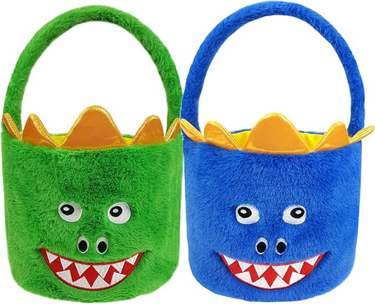 DearSun 2 Pcs Easter Basket Dinosaur Plush Baskets, Easter Egg Hunting Basket for Kids Gifts Party Decoration Supplies, Dia 8" * H 15.7"(Green & Blue Dinosaur)