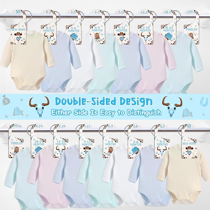 Baby Closet Dividers 8PCS, Western Cowboy Theme Wooden Double-Sided Clothes Size Hanger Organizer from Newborn to Toddler for Nursery Decor Baby Shower Birthday Gift