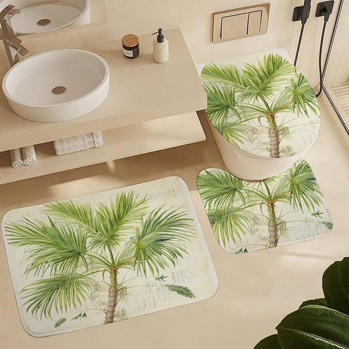 Green Palm Tree 4 Piece Shower Curtain Sets with Rugs Include Waterproof Shower Curtain Non-Slip Rug Toilet Lid Cover Bath Mat Coconut Palm Tree Nature Paradise Plants Waterproof Bath Curtain