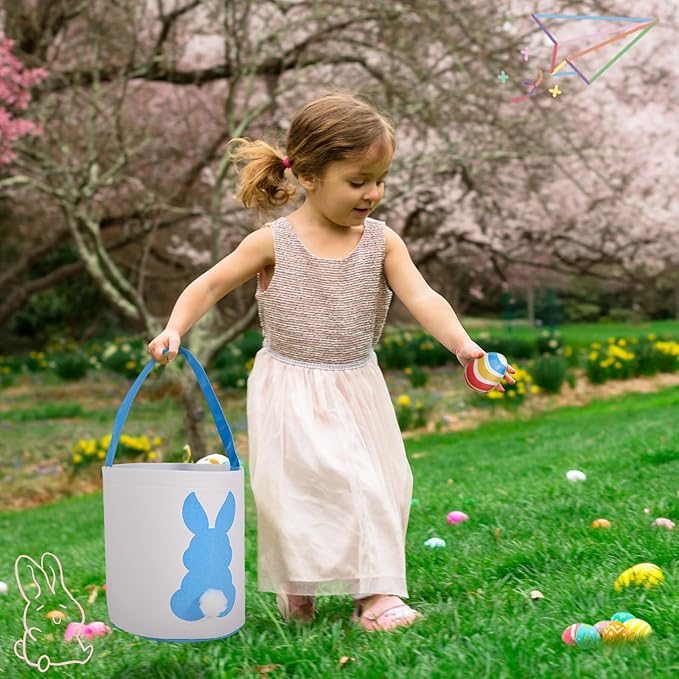 2 Pack Easter Bunny Baskets for Kids - Easter Basket Bags with Handles, Canvas Rabbit Tote Bags for Easter Egg Hunts, Party Gifts, and Storage (Empty) (Green+Blue)