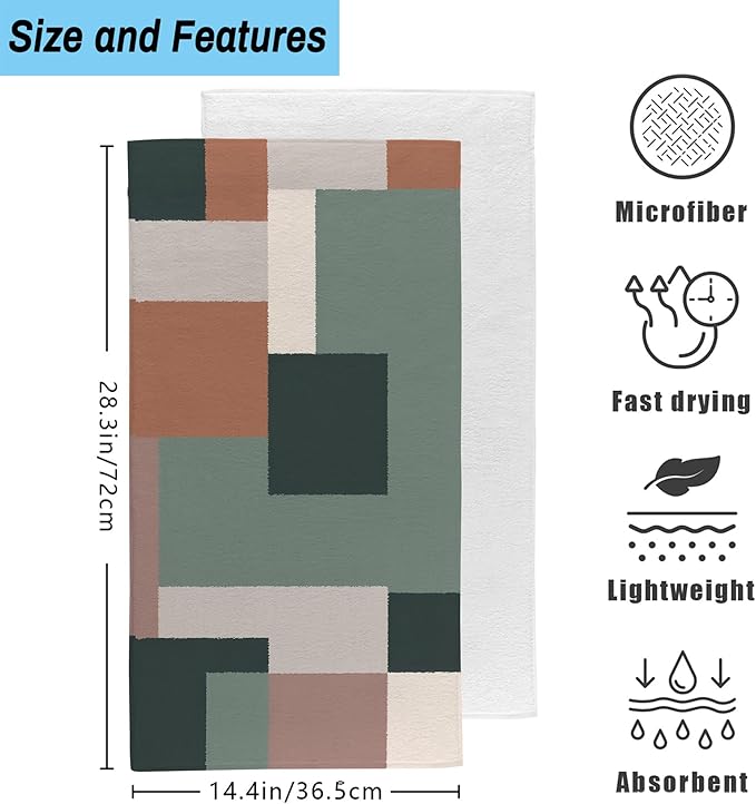 Green Orange Beige Geometric Hand Towel for Bathroom Set of 2,Boho Abstract Minimalist Checkered Art Bathroom Hand Towel,Soft Absorbent Decorative for Hotel Home Decor