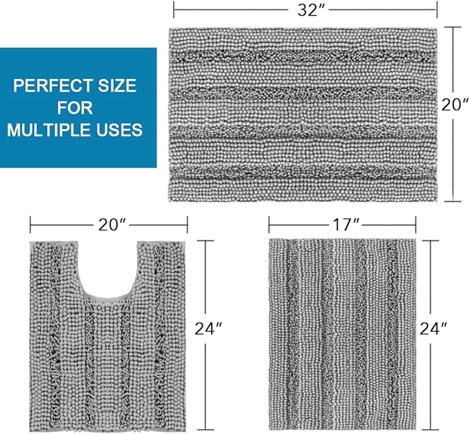 H.VERSAILTEX 3 Piece Bathroom Rugs Sets Thick Striped Bath Rugs Set for Bathroom Non Slip Soft Absorbent Bath Mat Set for Tub, Shower and Toilet(17''x24''+20''x32''+20''x24'' U-Shaped, Dove)
