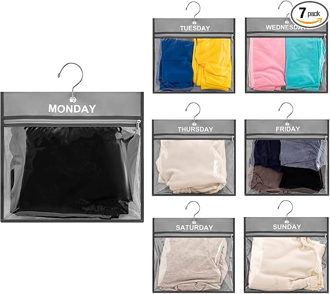 7 Pcs Weekly Travel Organizer Pouches Day of Week Clothing Packing Cubes Monday to Sunday School Clothes Organizer for Kids (Grey)