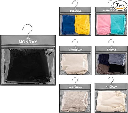 7 Pcs Weekly Travel Organizer Pouches Day of Week Clothing Packing Cubes Monday to Sunday School Clothes Organizer for Kids (Grey)