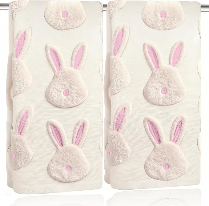 2pcs Easter Bunny Hand Towels Set 100% Cotton Soft Absorbent Spring Bathroom Hand Towels 14x29 Inch Cute Jacquard Easter Kitchen Decor Towels Holiday Kitchen Bathroom Decor Gift(Beige)