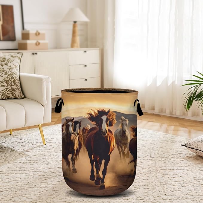 Running Horse Laundry Basket, Laundry Hamper Collapsible Oxford Cloth with Handle Clothes Toy Storage Bin for Bathroom Laundry Room Bedroom 15.7 X 20 Inch