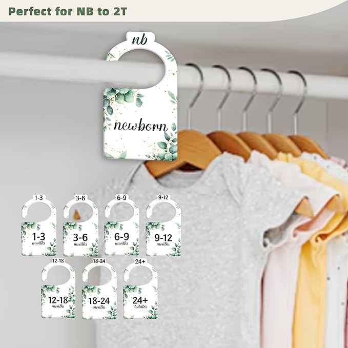 JMOST Eucalyptus Baby Closet Dividers for Nursery Closet Organizer, Newborn to 24 Months Size Clothes, Greenery Hangers with Size Dividers, Double Sided