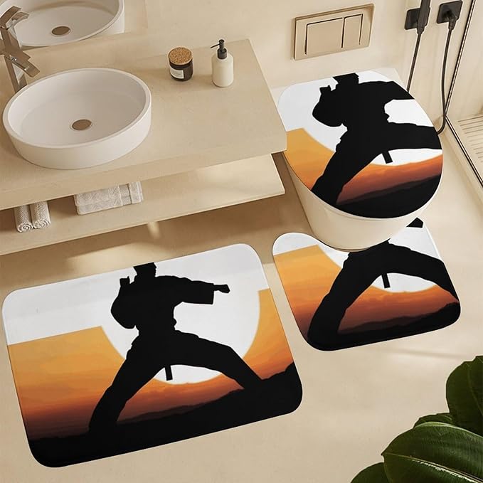 4 Piece Bathroom Rug Set with Shower Curtain, Non-Slip Bath Mat Toilet Cover Set, Karate Silhouette Bathroom Rug Sets