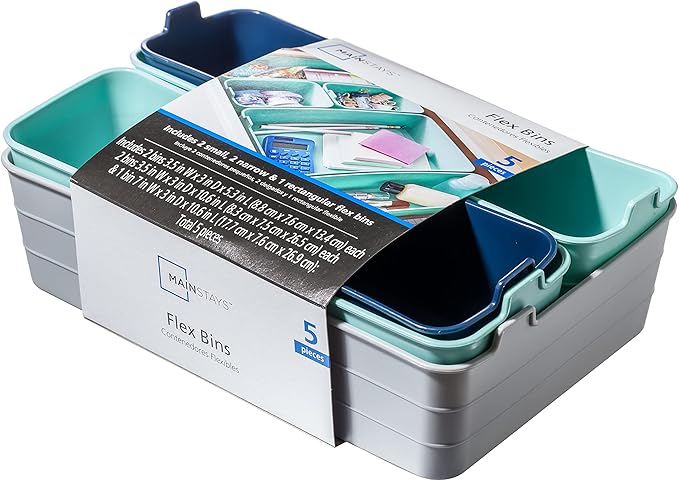 Mainstays Set of 5 Flexible Drawer Storage Organizers, Grey, Blue, Teal