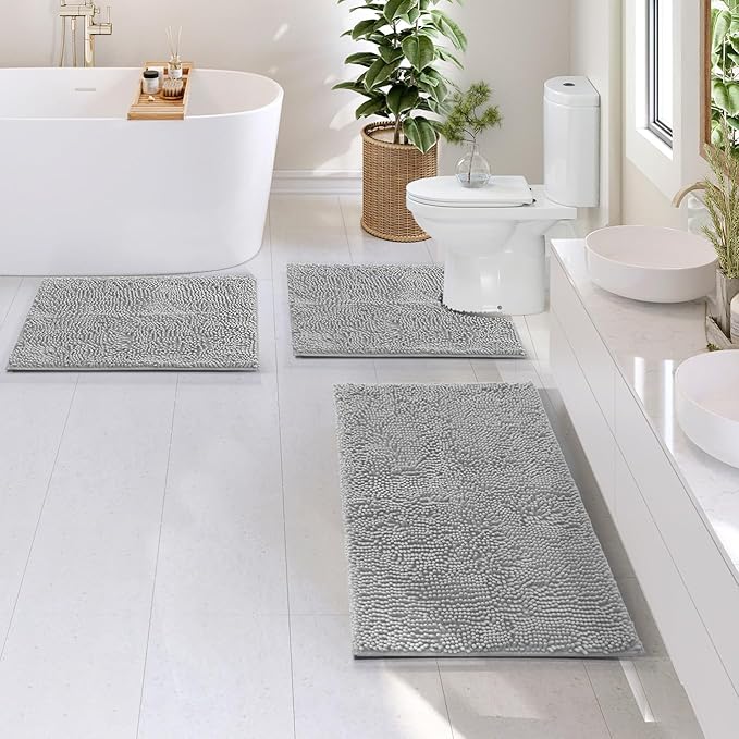 Hearth & Harbor Bathroom Rugs, Chenille Bath Mat - Machine Washable Bath Mats for Bathroom Non-Slip Backing Rubber, Quick Dry Mat - Silver Bath Rug, 17x24-20x32-20x24