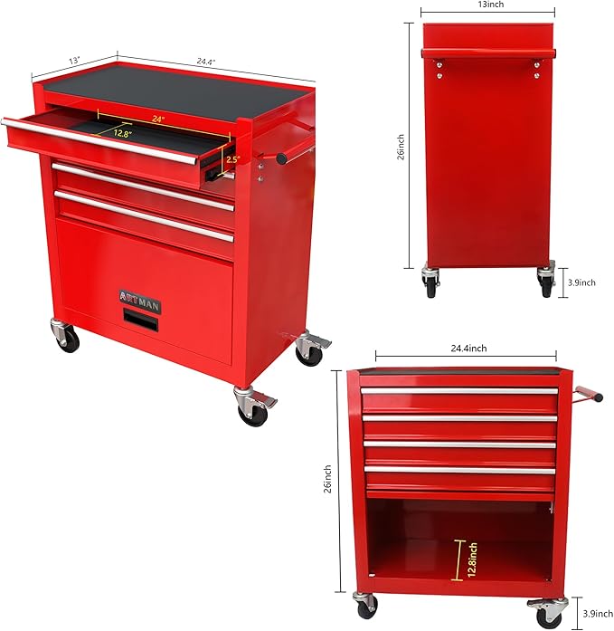 4-Drawer Rolling Tool Chest Cabinet, Large Capacity Metal Tool Box with Wheels, Storage Organizer Tool Cart for Garage, Warehouse, Work Shop (Red)