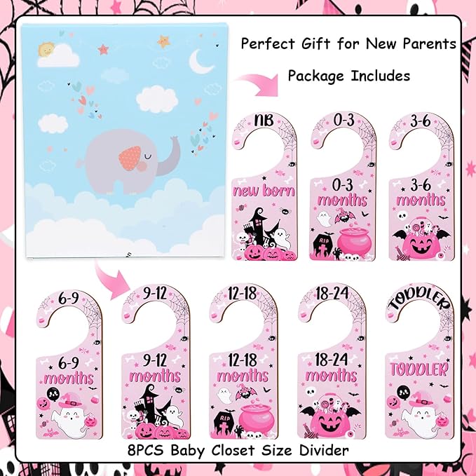 Halloween Baby Closet Dividers 8Pcs – Pink Black Wooden Double-Sided Clothes Size Hanger Organizer from Newborn to Toddler for Nursery Decor Baby Shower (Includes Gift Box)