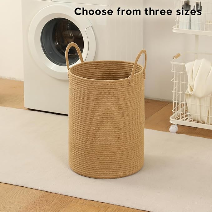 Woven Laundry Hamper Tall Rope Storage Basket for Blanket toys Dirty Clothes in Living Room Bathroom Bedroom (Jute Brown, 100L/26.4Gal)