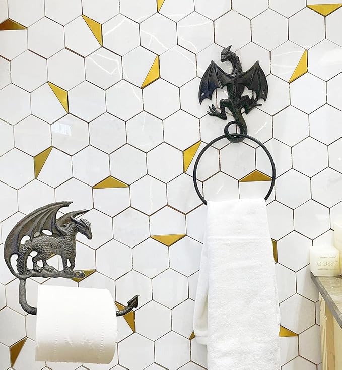 Gothic Dragon Cast Iron Toilet Paper Holder and Towel Ring Set, Wall Mounted Decorative Bathroom Accessories, 2 PCs