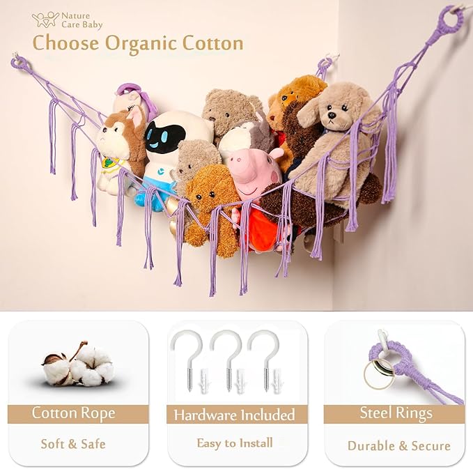 Stuffed Animals Hammock Corner Hanging Net for Macrame Stuffed Animal Storage Plush Toy Holder Toy Organizer for Boho Nursery Playroom Bedroom (purple, Large)