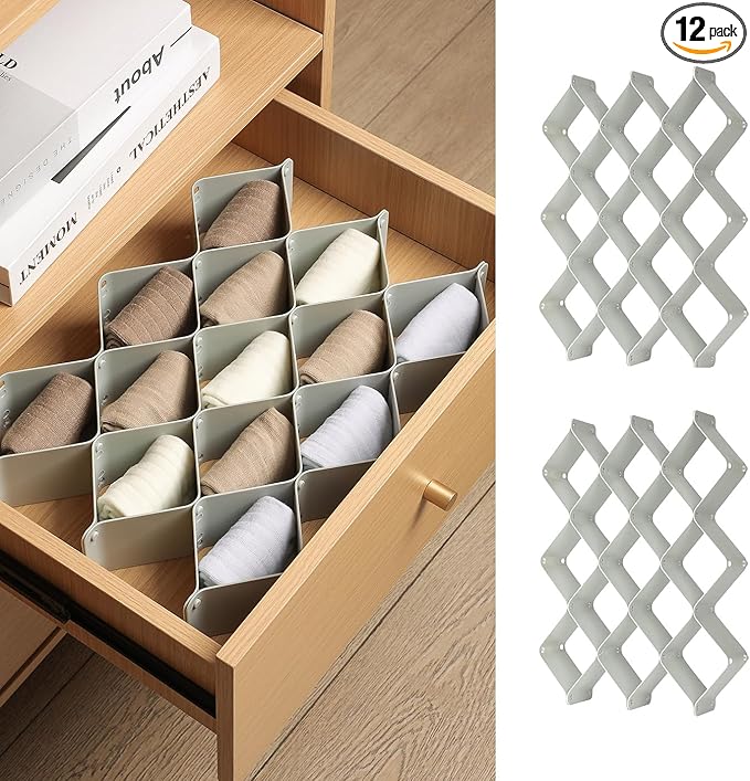 ROUFA Sock Drawer Organizer for Dresser, Honeycomb Underwear Dividers for Women, Panty Separator for Bras, Socks, Belt and Leggings (2 Sets/12pcs,Grey)
