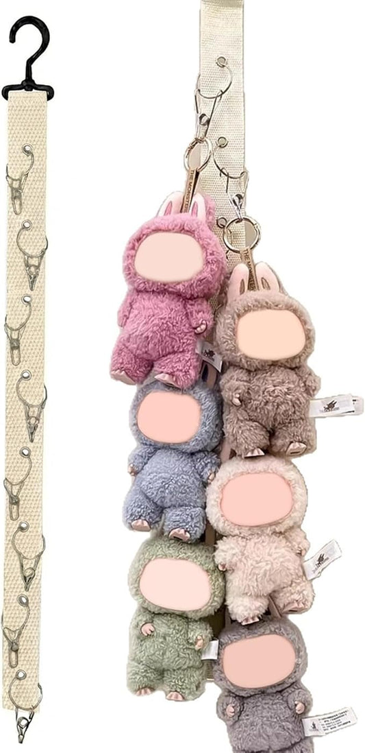 Plush Doll Hanging Storage Rope Display Rack with 8 Clips – Wall Hanging Organizer for Keychain Plushies, Mini Toys– Holds up to 3kg (White)