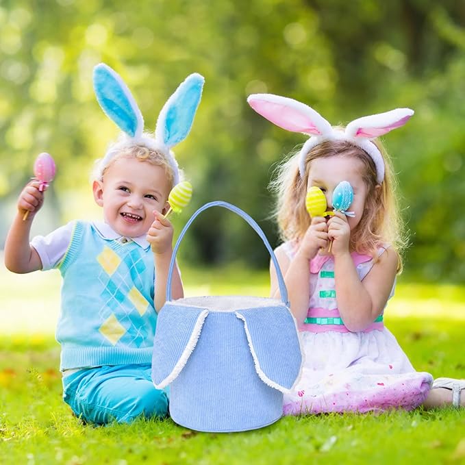 Easter Bunny Basket, Cute Easter Bucket Bags with Rabbit Ears for Easter Eggs Hunting, Plush Easter Bunny Basket, Easter Tote Bags for Candy Storage Decorations (Blue)