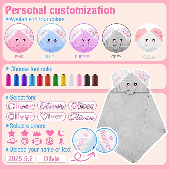 Baosity Custom Hooded Baby Towel with Name, Personalized Soft Absorbent Elephant Bath Towel, Shower Towels for Girls Boys, Easter Brithday for Kids Baby, Toddler, Newborn Essential