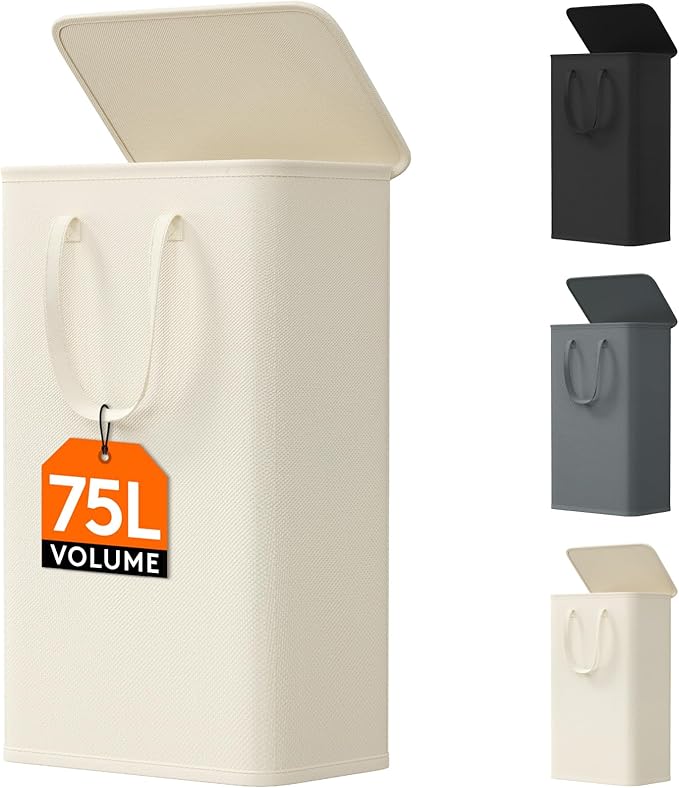 Lifewit 75L Slim Small Laundry Hamper, Laundry Basket with Lid, Dirty Collapsible Clothes Storage with Easy Carry Extended Handles, Tall Hampers for Bedroom Laundry Room, White, 1 Pack